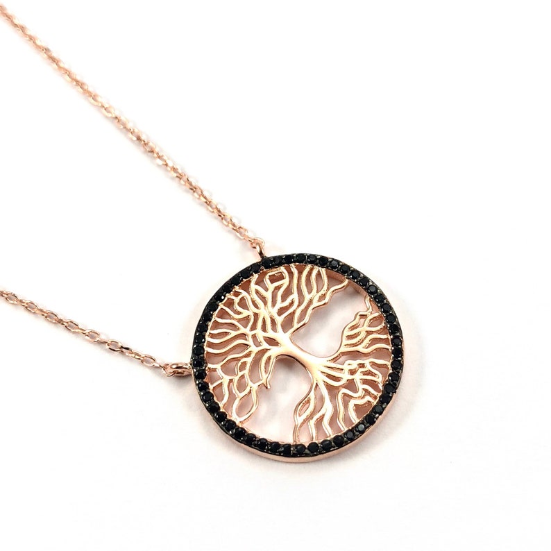 Life Tree Silver Necklace Rose Gold Plated Silver Life Tree Necklace with Black Zircons