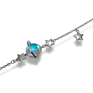 Elegant Shiny Silver Planet Star Bracelet with Sea Glass, Delicate Celestial Silver Bracelet, Sea Glass Jewellery, Celestial Charm Bracelet