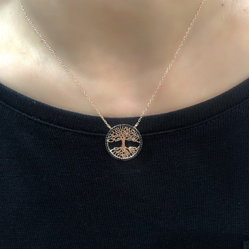 Life Tree Silver Necklace Rose Gold Plated Silver Life Tree Necklace with Black Zircons