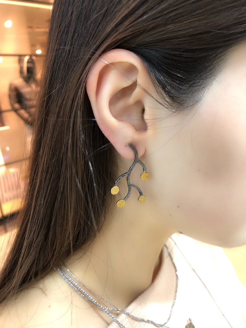 Silver Branch Earrings Handmade Oxidised and Gold Plated Silver Branch Earrings