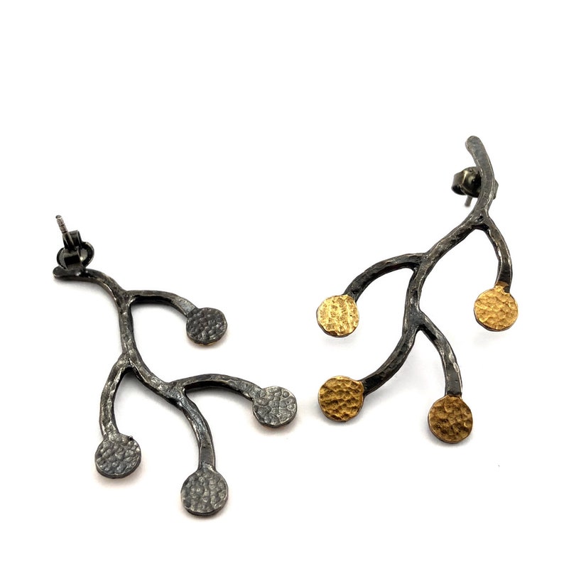 Silver Branch Earrings Handmade Oxidised and Gold Plated Silver Branch Earrings