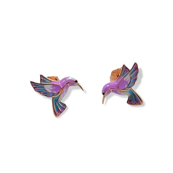 Cute Rose Gold Hummingbird Earrings, Silver Purple Bird Earrings, Rose Gold Hummingbird Jewelry