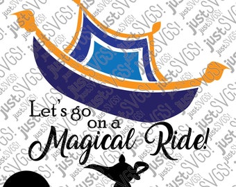 May include: A blue, orange, and yellow magic carpet with a genie lamp and the text "Let's go on a magical ride!"  The image is surrounded by a repeating pattern of the text "Just SVGS!"