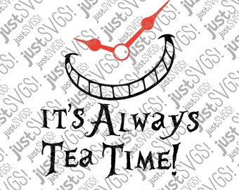 Può includere: Grafica in bianco e nero di un quadrante di orologio con una bocca sorridente e il testo "It's Always Tea Time!"