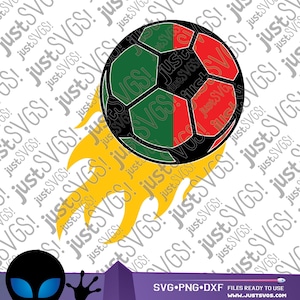 May include: A black and white soccer ball with a green and red design, flying through the air with a yellow flame behind it. The ball is on a white background with the text "justSVGS!" repeated in the background.