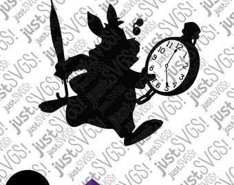 Puede incluir: Silueta negra del Conejo Blanco de Alicia en el País de las Maravillas corriendo con un reloj de bolsillo y un paraguas. La esfera del reloj marca las 10:55.