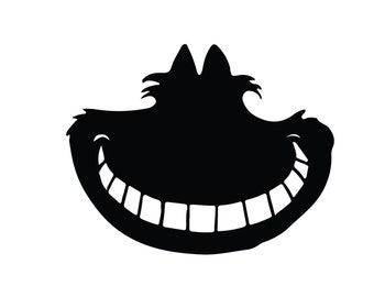 Può includere: Silhouette nera di un Gatto del Cheshire con un ampio sorriso pieno di denti. Le orecchie del gatto sono appuntite e i suoi occhi sono chiusi.