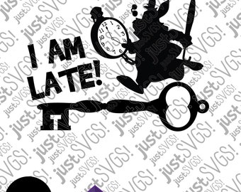 Può includere: Silhouette nera del Bianconiglio di Alice nel Paese delle Meraviglie, con un orologio da tasca e un ombrello, che corre con una chiave. Il testo recita "I AM LATE!". L'immagine è un design digitale, ideale per progetti di artigianato.