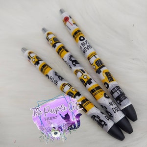 School Bus Driver Themed Custom Refillable Gel Pen in Gift Box Decorated with Glitter all Sealed in Epoxy FREE SHIPPING