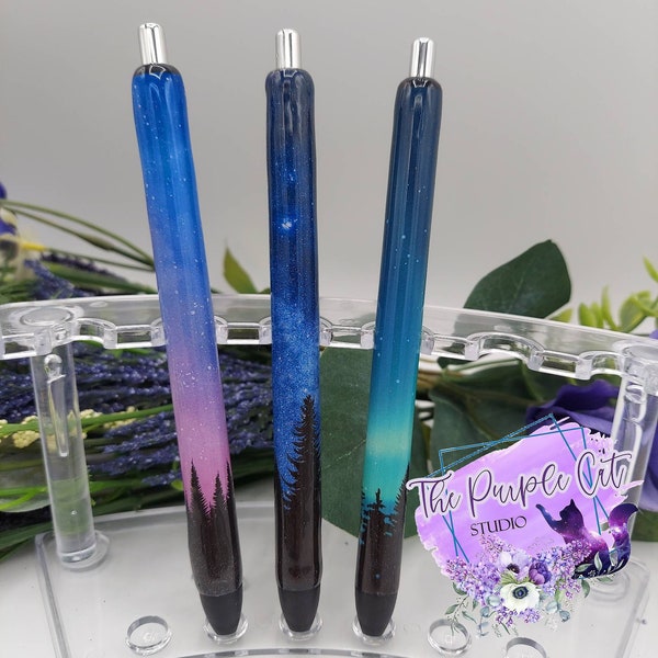 Galaxy Northern Lights Tree Silhouette Night Sky Refillable Gel Pen in Gift Box Decorated Sealed in Epoxy