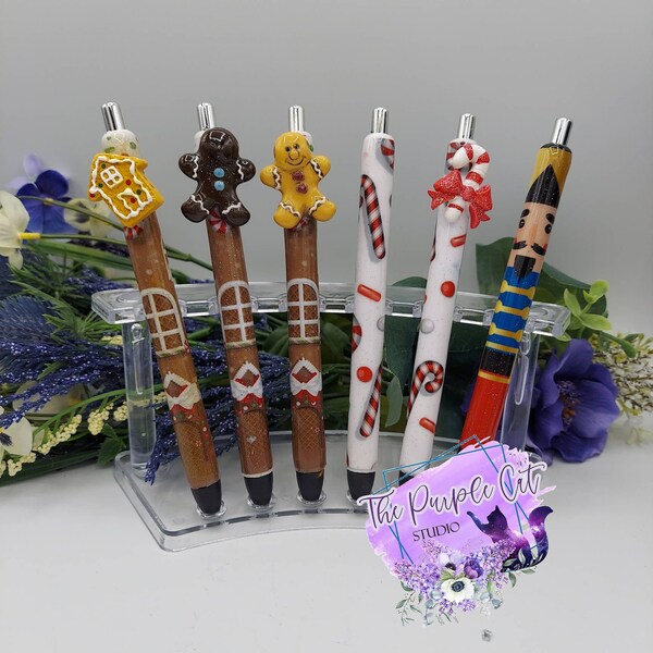 Christmas Holiday Pen! Gingerbread Man Candy Cane Nutcracker Personalized Refillable Gel Pen in Gift Box Decorated Sealed in Epoxy FREE SHIP