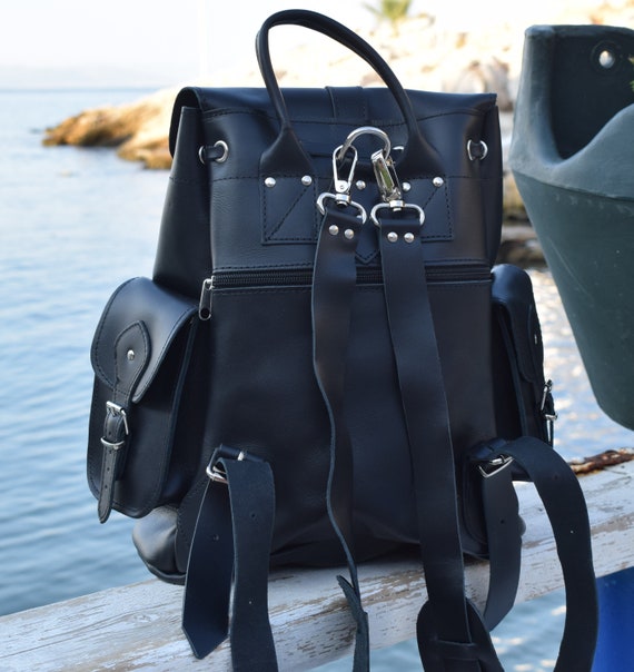Black leather backpack silver hardware hotsell