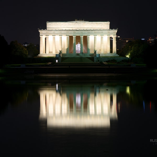 Lincoln Memorial at Night and Reflecting Pool on the National Mall Color Photo in Washington, DC