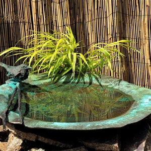 Bronze & copper fine art Wren Birdbath sculpture, DiTarando, exterior, landscape, garden art, animal art, bird sculpture, nature, pond