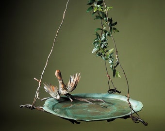 Bronze & copper fine art Large Hanging Birdbath With Handmade Bird sculpture, DiTarando, exterior, garden art, animal art, bird sculpture