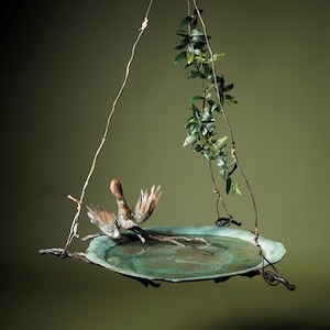 Large Hanging Birdbath Sculpture | Bronze & Copper Bird Bath with Bird | DiTarando Fine Art for Garden, Landscape and Pond Decor