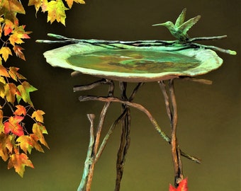 Bronze & copper fine art Elegant Pedestal Birdbath sculpture, DiTarando, exterior,  landscape, garden, animal art, bird sculpture