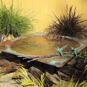 Large Square Birdbath Sculpture with Pedestal | Bronze & Copper Pedestal Birdbath | DiTarando Fine Art for Garden and Pond Decor