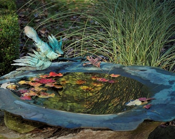 Bronze & copper fine art Large Birdbath With Handmade Bird sculpture, DiTarando, exterior, landscape, garden art, animal art, bird sculpture