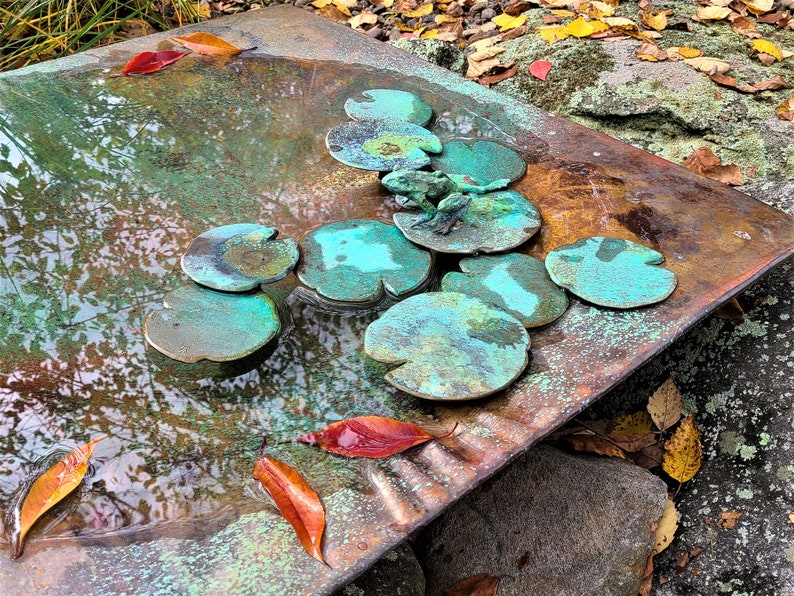 Bronze & copper fine art Large Square Birdbath sculpture with optional pedestal, DiTarando, exterior, landscape, garden, animal art Frog on lily pad