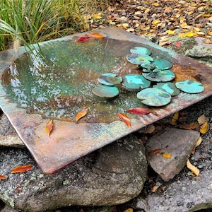 Bronze & copper fine art Large Square Birdbath sculpture with optional pedestal, DiTarando, exterior, landscape, garden, animal art image 1