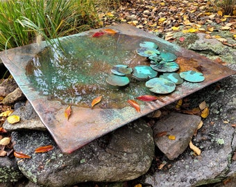 Bronze & copper fine art Large Square Birdbath sculpture with optional pedestal, DiTarando, exterior,  landscape, garden, animal art