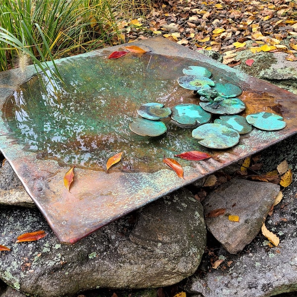 Bronze & copper fine art Large Square Birdbath sculpture with optional pedestal, DiTarando, exterior,  landscape, garden, animal art