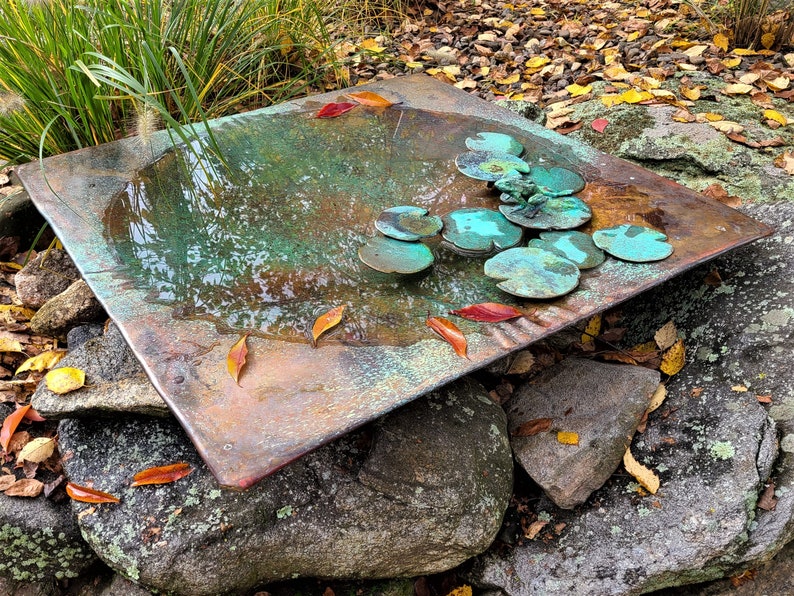 Bronze & copper fine art Large Square Birdbath sculpture with optional pedestal, DiTarando, exterior, landscape, garden, animal art image 1