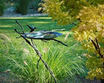 Elegant Standing Birdbath Sculpture | Bronze & Copper Garden Bird Bath | DiTarando Fine Art for Garden, Landscape and Pond Decor