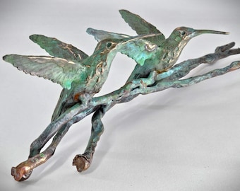 Hummingbird On Branch Sculpture | Bronze & Copper Fine Art Garden Ornament | DiTarando Fine Art for Garden, Landscape and Pond Decor