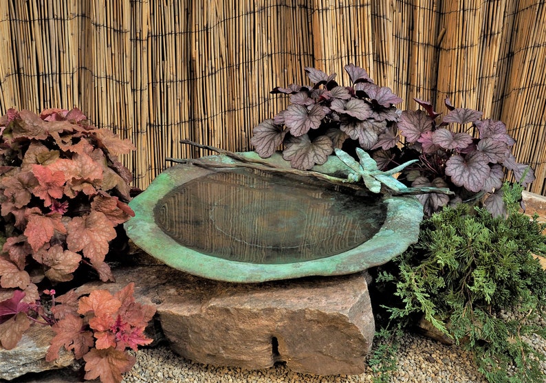 May include: A copper bird bath with a dragonfly design sits on a large rock surrounded by plants. The bird bath is filled with water and reflects the surrounding foliage.