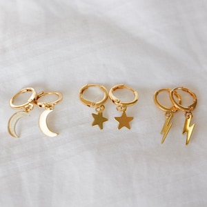 Celestial Huggie Hoop Earrings Star Lightning Bolt Moon Gold Plated Pendant Huggies Dainty Hoops Earring Tiny Hanging Charm
