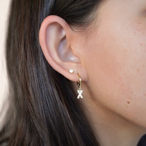 Initial Crystal Huggie Hoop Earrings Gold Silver Plated Huggies Dainty Hoops Tiny Hanging CZ Letter Charm Custom Personalize Valentine&#39;s