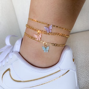 Mariposa Butterfly Anklet Colorful Gold Silver Red Light Pink Green Blue Yellow Lavender White Dainty Pendant Figaro