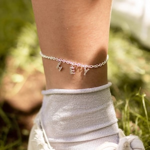 Crystal Custom Name Spaced Letter Anklet - CZ Diamond Gold Silver Initial Hanging Charm Personalized Phrase Girlfriend Unique Gift