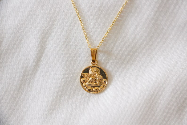 Gold Guardian Angel Medallion Coin Necklace Raphael Pouty Baby Etsy