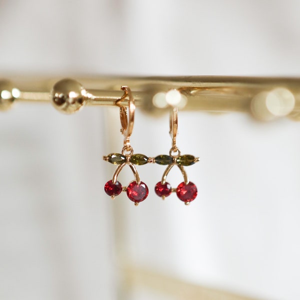 Cherry Crystal Earrings - CZ Dangle Huggies Hoop Earring Gold Plated Dainty Charm Delicate Girlfriend Birthday Valentine's Gift