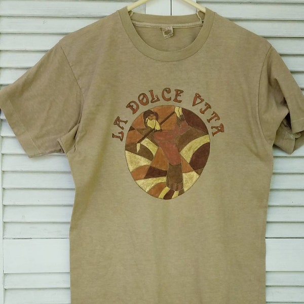La Dolce Vita Golf T-Shirt/Handpainted Vintage Shirt/Tan
