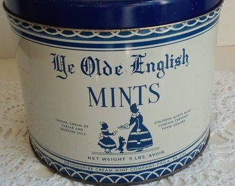 Large Blue Storage Tin/Ye Olde English Mints Tin/1970's/Farmhouse Kitchen/Retro Kitchen/Antique/Collectible/White and Blue Tin