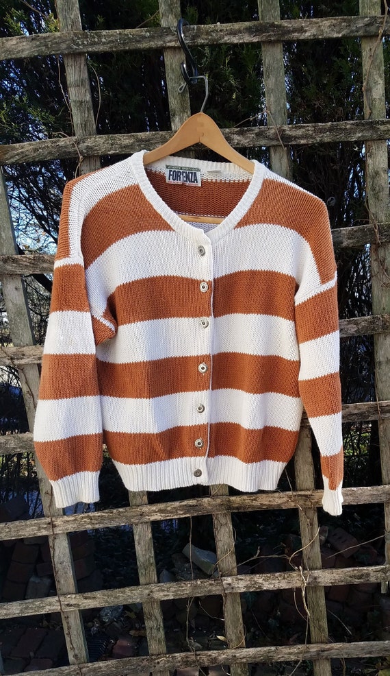 Rust and White Striped Cardigan/Forenza/ 90's Swea