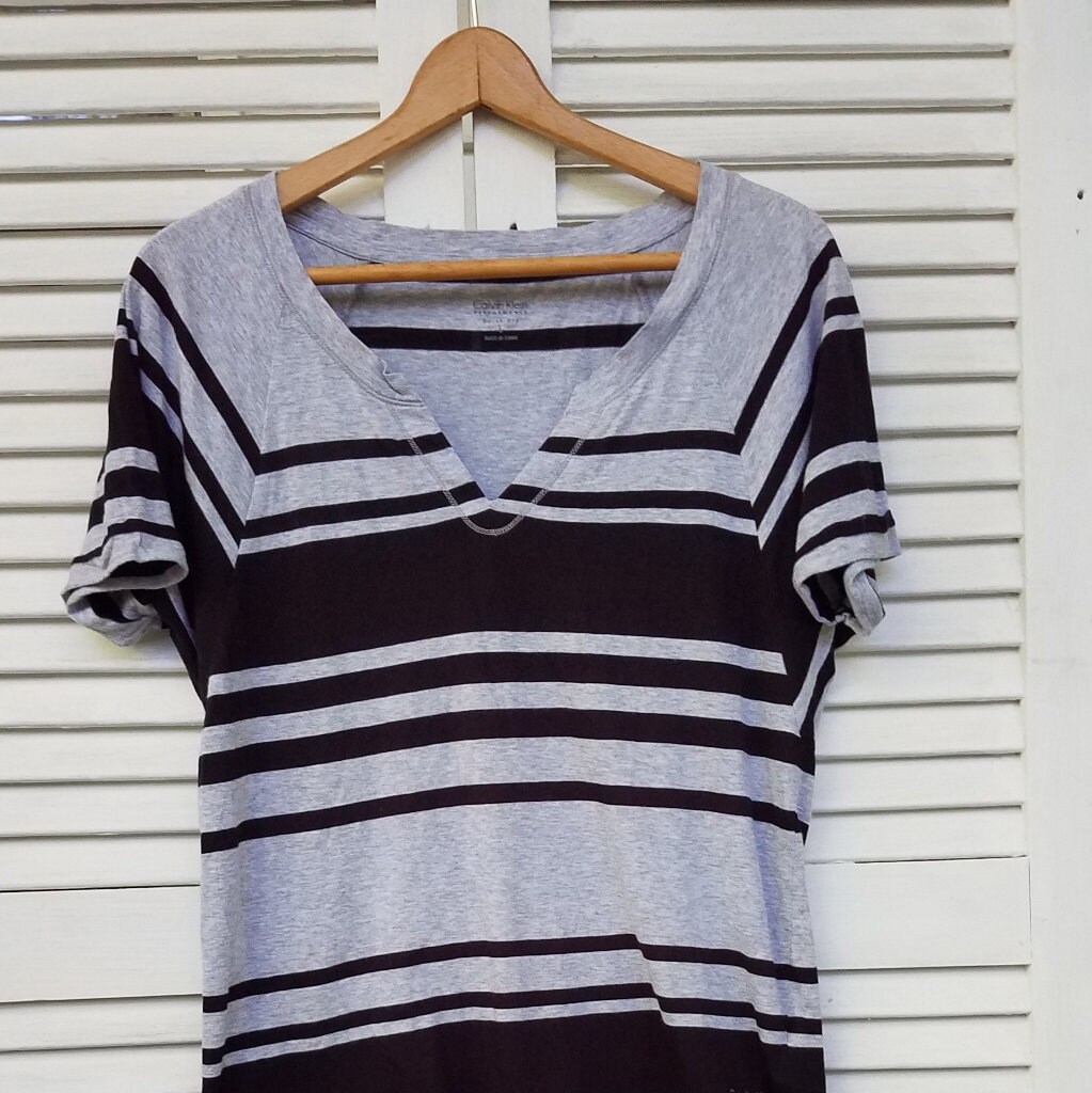 Calvin Klein Top/T Shirt/Black & Grey Stripe/Performance Shirt