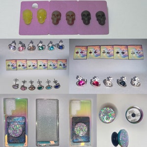 May include: Assortment of phone accessories including a clear phone case, a glitter phone case, a phone ring holder, and a phone pop socket. The phone ring holder and pop socket are both decorated with a glittery design.