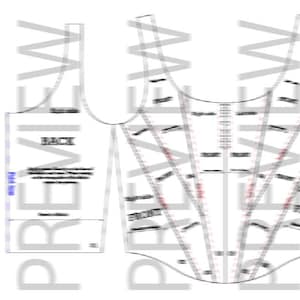 Könnte beinhalten: Ein schwarz-weißes Schnittmuster für ein Korsett. Das Schnittmuster enthält Anweisungen zum Zuschneiden und Nähen des Korsetts. Das Schnittmuster ist für ein Rückenteil, ein Vorderteil und ein Seitenteil.