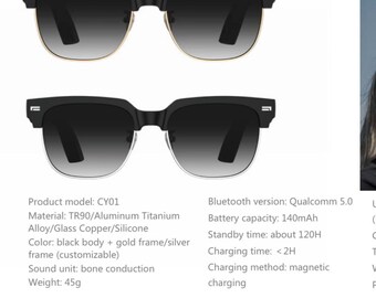 Smart Sunglasses Wireless Bluetooth Sunglasses Open Ear Music&Hands-Free Calling,for Men and Women,Polarized Lenses,IPX4 Waterproof