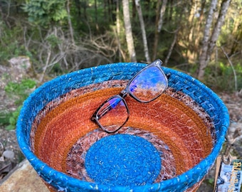 handmade copper and turquoise fabric basket