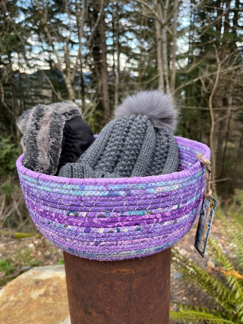 Purple home - large handmade purple and aqua coiled fabric basket