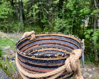 handmade brown and black coiled fabric towel basket