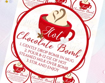 Hot Cocoa Chocolate Bomb Tag - Printable 2.5 inch Tag - Hot Cocoa Chocolate Instructions - Hot Cocoa Bomb - Gift Tag - Party Favors - Label