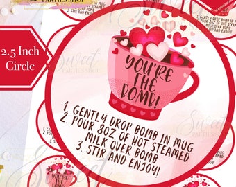 Hot Cocoa Chocolate Bomb Tag - Valentine - You're The Bomb - Printable 2.5 inch Tag - Hot Cocoa Chocolate Instructions - Gift Tag - Cocoa