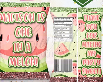 One in a Melon Chip Bag - Watermelon Party - One in a Melon Favor Bag - Chip Bag - Favor Bags - One in a Melon Birthday Party - Melon Bag